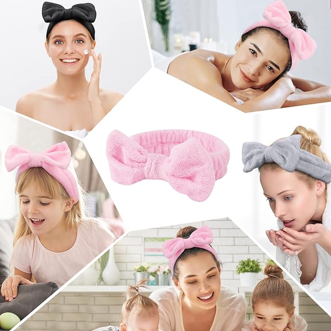 6 Pcs Fluffy Spa Headbands with Bow Style, Soft Coral Fleece for Face Washing, Makeup, Shower, and Yoga