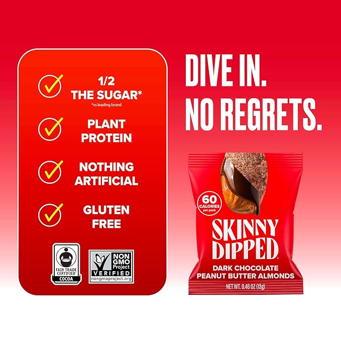 SkinnyDipped Dark Chocolate Peanut Butter Almonds, Healthy Snack, Plant Protein, Gluten Free, 0.46 oz Mini Bags, Pack of 24