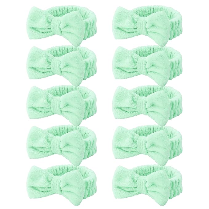 10 Pcs Green Face Wash Headbands, Spa Gifts for Women Girls, Soft Coral Fleece Skincare Headband, Bow Hair Bands, Spa Headbands for Face Washing Shower Skin Care Yoga