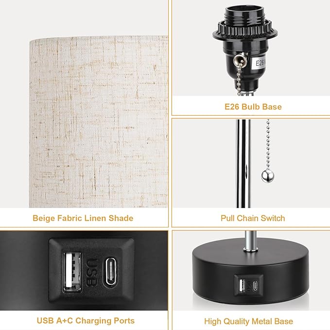 3-Color Temperature Bedside Lamp Nightstand Lamp with USB A Port and C Port, Table Lamp for Bedroom with LED Bulb Small Lamps for Living Room (Otmeal)