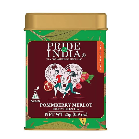Pride of India | PommBerry Merlot Fruity Green Tea | 15 Pyramid Full Leaf Individually Wrapped Tea Bags | Tangy & Fruity Flavor | Vibrant & Uplifting Experience | Caffeine Free, Non-Bioengineered