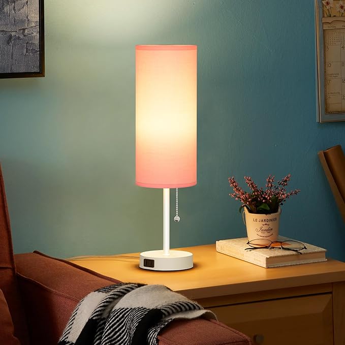 Dott Arts 18" Table Lamp for Bedroom, 3-Color Bedside Lamps with Pull Chain, Bedroom Table Lamps for Nightstand,AC Outlet Small Lamp for Living Room, Bulb Included Pink