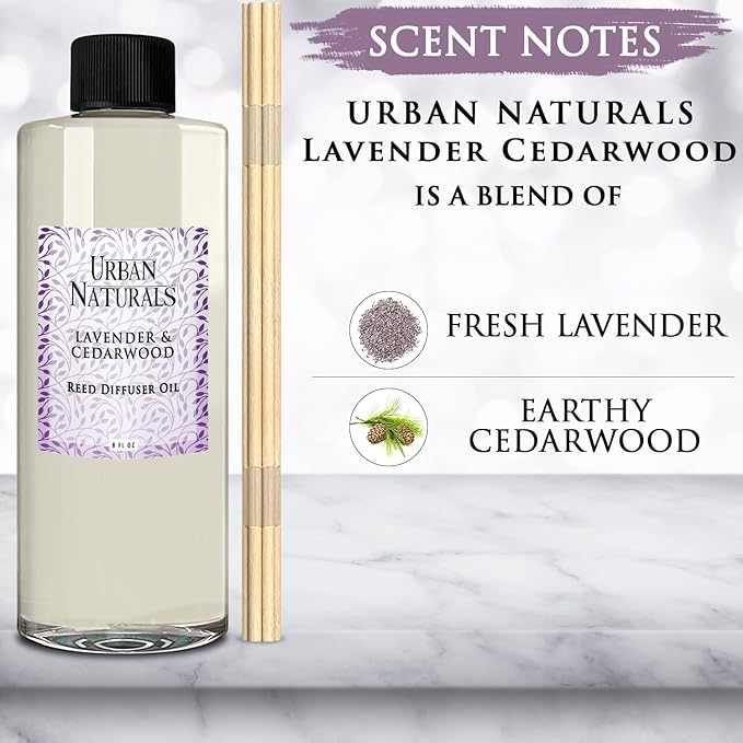 Urban Naturals Reed Diffuser Oil Refill Lavender Cedarwood with Warm Wood, Spa-Inspired Notes 8 oz + Free Reed Sticks, Made in The USA