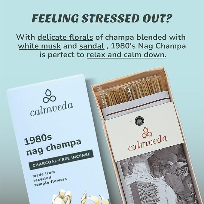 1980s Nag Champa Incense Sticks - Earthy, Floral Scent Blended with White Musk Incense (80 Sticks) | Charcoal Free, Made with Upcycled Flowers | Stick Incense for Calming (Inciensos Aromaticos)