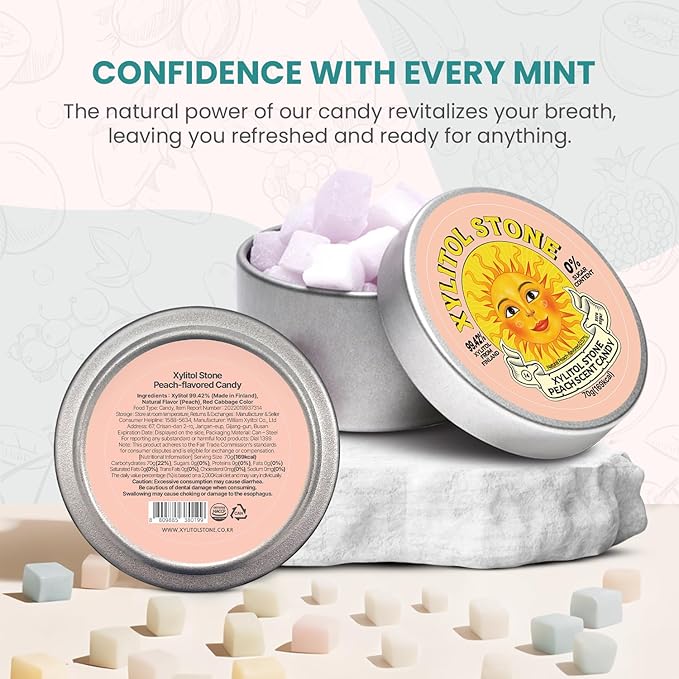 Xylitol Stone Sugar Free Candy - Vegan & Keto Friendly Unique Hard Candy - 100% Natural Flavor Candies - Gluten Free & Non-GMO Breath Freshener Low Calorie Mints - Pack of 1 (Peach)