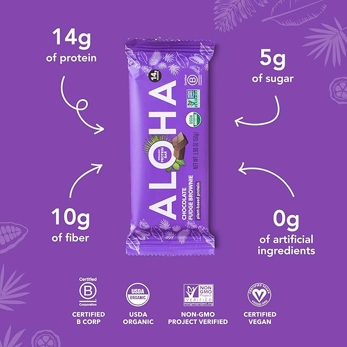 ALOHA Organic Plant-Based Protein Bars | Chocolate Fudge Brownie | Vegan, Gluten-Free, Paleo, Low-Carb, Non-GMO, Soy-Free, 12 Count