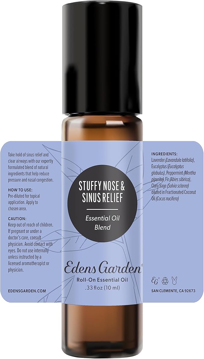 Edens Garden Stuffy Nose & Sinus Relief Essential Oil Roll-On Blend- 100% Pure Premium Grade, Natural, Therapeutic, Aromatherapy, Kid & Skin Safe, The Best for Health Pre-Diluted 10 ml (.33 fl oz)