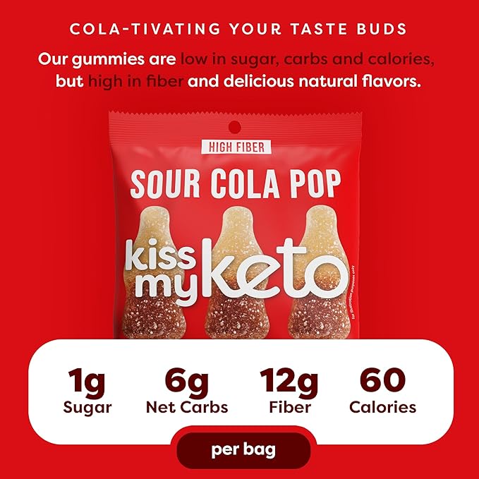 Kiss My Keto Sugar Free Gummies, Sour Cola 16-Pack – Satisfy Cravings while Staying in Ketosis – High Fiber, 6g Net Carbs, Non-GMO, Vegan, & Gluten-Free – Low-Calorie Vegan Candy