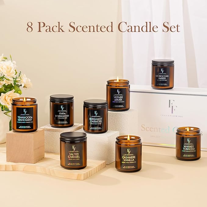 Scented Candles Set, Soy Wax Candles 8 Pack 56 Oz Aromatherapy Candles Gift Set for Women Men (Vanilla/Sandalwood/Amber/Mahogany/Vetiver/Bergamot/Caramel/Whiskey)