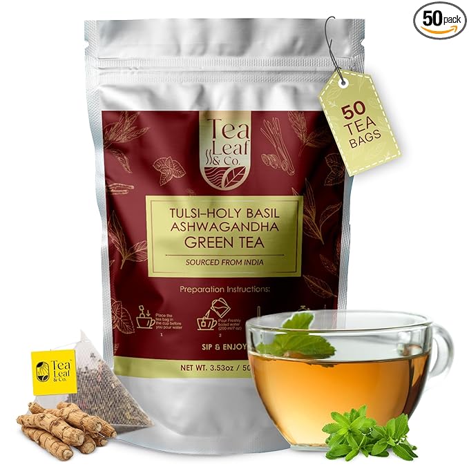 Tulsi Ashwagandha Green Tea Bags (50 Count), Green Tea with Tulsi, Ashwagandha, Lemongrass and Black Pepper, Caffeinated, Real and Natural Green Tea, Blended with Fresh Herbs and Spices, Gluten Free