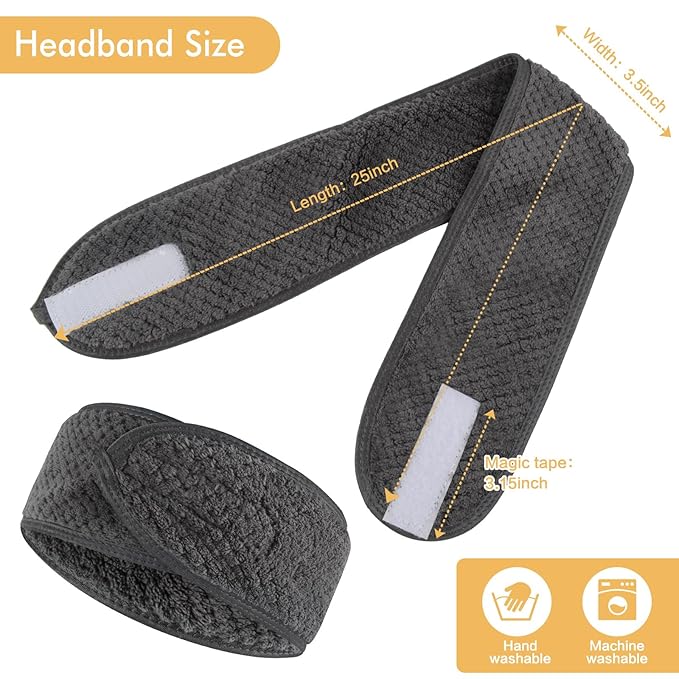 SINLAND Spa Headband for Women Ultra Soft Adjustable Makeup Hair Band with Magic Tape, Stretch Head Wrap for Bath, Shower, Facial Mask, Yoga