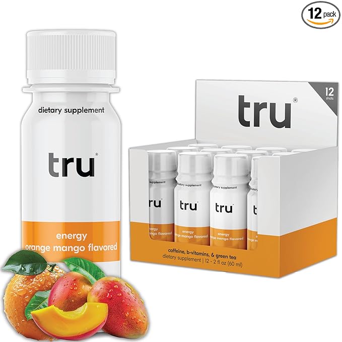 Tru Energy Shot, Extra Strength Energy Drink with Natural Caffeine, Green Tea, B Vitamins B3, B6 & Vitamin B12, Zero Sugar & Calories, Keto, Vegan, Gluten Free, Orange Mango, 2 FL OZ Bottles, 12 Pack