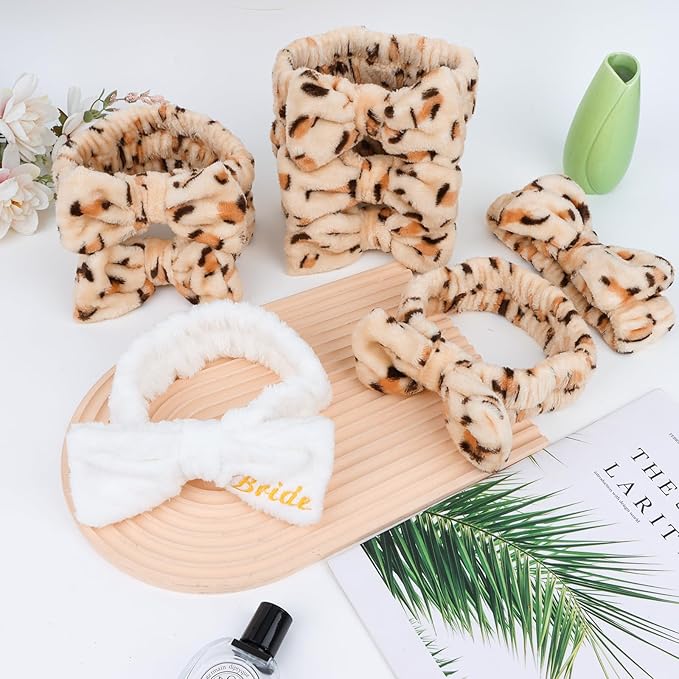 CIEHER Spa Headbands for Bachelorette Party Favors, 8 Pcs Leopard Print Spa Headbands for Bride & Bridesmaid, Bachelorette Gifts for Bride's Skincare & Makeup