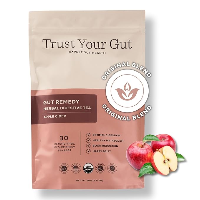 Trust Your Gut Organic Herbal Tea Blend with Lemon Balm, Holy Basil, Dandelion, Ginger Root – Liver Detox, Digestion & Gut Health Support, Gas Bloating Relief – Apple Cider, 30 Bags
