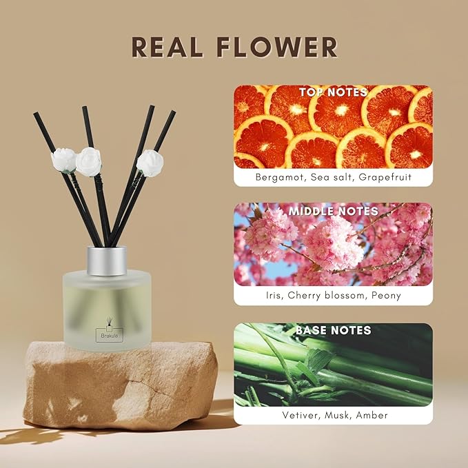 Brakula Reed Diffuser Set Real Flower Scented, Reed diffusers for Home, Home Fragrance Diffuser with 7 Reed Sticks for Room/Bathroom Decor 3.38 fl oz (Real Flower)
