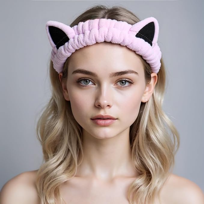 2 Pcs Cat Ears Headband, Cute Spa Headbands for Washing Face Skincare Makeup Headbands for Women Girls Trendy Stuff Present Soft Coral Fleece Hair Accessories(Pink Purple)