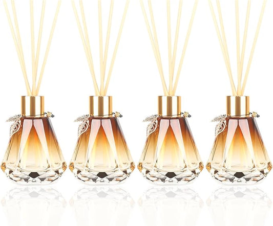 4pcs Reed Diffuser Empty Bottles With 20pcs Sticks, Delicate Gold Leaf Decor, Glass Fragrance Set With Lids for Home, Bathroom | Refillable, Diamond Style Gold