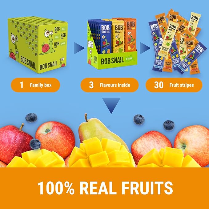 BOB SNAIL Healthy Organic Fruit Snacks for Kids and Adults – 30 Organic Fruit Leather Snacks with Pear & Apple, Blueberry, Mango – Vegan Low-Carb Variety Pack Strips for Kids – Sugar Free Jerky Bars