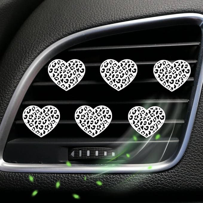6 Pcs Heart Air Vent Clips, Cute Heart Car Air Fresheners Vents Clips Funny Cars Diffuser Vent Clips Cars Interior Decor Charm Cute Car Accessories,Decoration for Women Automotive (White Leopard)