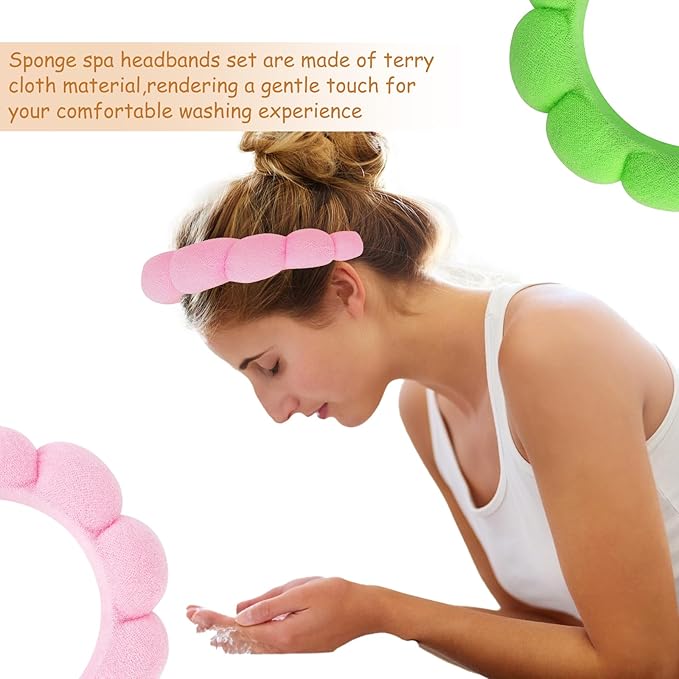 AMCAMI 2 PCS Puffy Spa Headband for Women Sponge Headbands for Girls Terry Towel Cloth Fabric Head Band for Skincare,Makeup Removal,Face Washing,Facial Mask,Shower,Hair Accessories(Green&Light Pink)