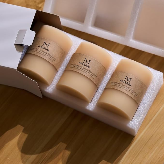 MOZEAL 3" x 6" Hand-Poured Unscented Candle, Dripless Pillar Candle Set of 3, Long Lasting Burning, Approx 120 Hours Burn Time, Rustic Country Style, for Elegant Affairs, Neutral Harmony, Beige