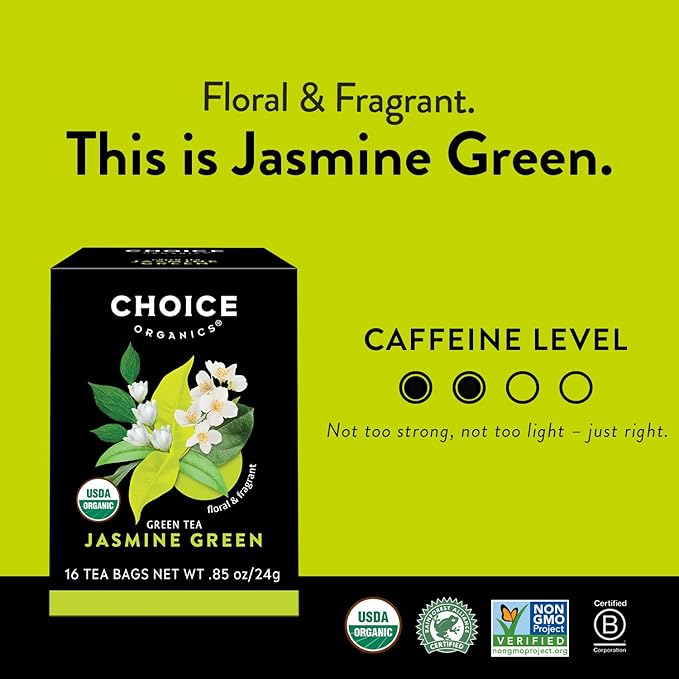 Choice Organic Teas Green Tea and Herbal Tea Variety Pack Sampler - Includes Japanese Green, Jasmine Green, White Elderflower - Compostable - 48 Organic Tea Bags (Pack of 3)