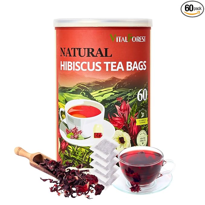 60 Hibiscus Flower Tea Bags, 2g/Bags, VitalForest Hibiscus Tea Roselle Tea, Natural Flor de Jamaica Flower, Caffeine Free, Non-GMO, Unbleached Bags, Canister Packaged