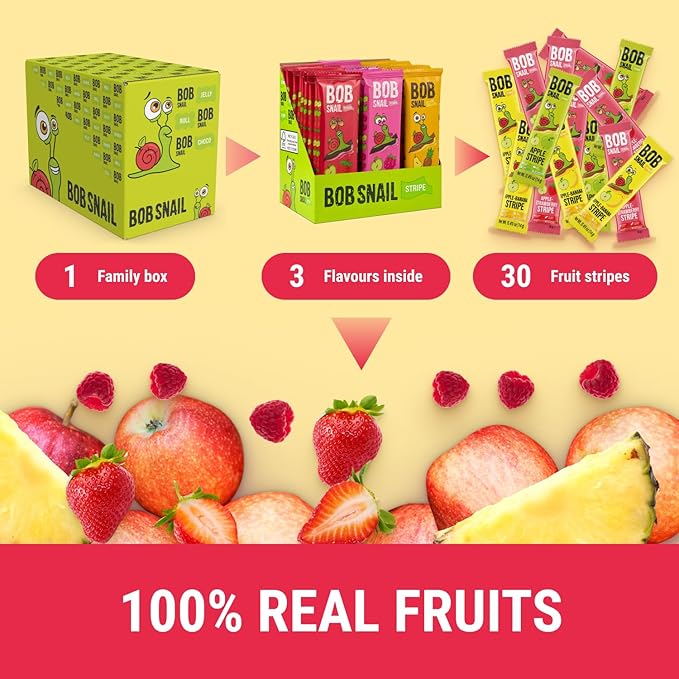 BOB SNAIL Healthy Organic Fruit Snacks for Kids and Adults – 30 Organic Fruit Leather Snacks with Strawberry, Raspberry, Pineapple – Vegan Low-Carb Variety Pack Strips for Kids – Sugar Free Jerky Bars