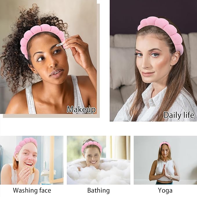 WHAVEL 3 Pack Spa Headband Skincare Headbands, Makeup Headband Sponge Terry Cloth Headbands Face Wash Headband Puffy Hair Band for Washing Face Women Girls (Pink)