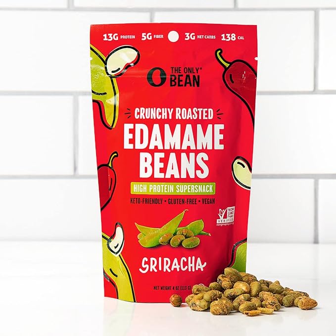 The Only Bean Crunchy Roasted Edamame Snack (Sriracha), High Protein Snacks (13g) Healthy Protein Chips, Keto Friendly Food (2g Net), Plant-Based Vegan Snacks, Office Snacks, Spicy Snack, 4oz (3 Pack)
