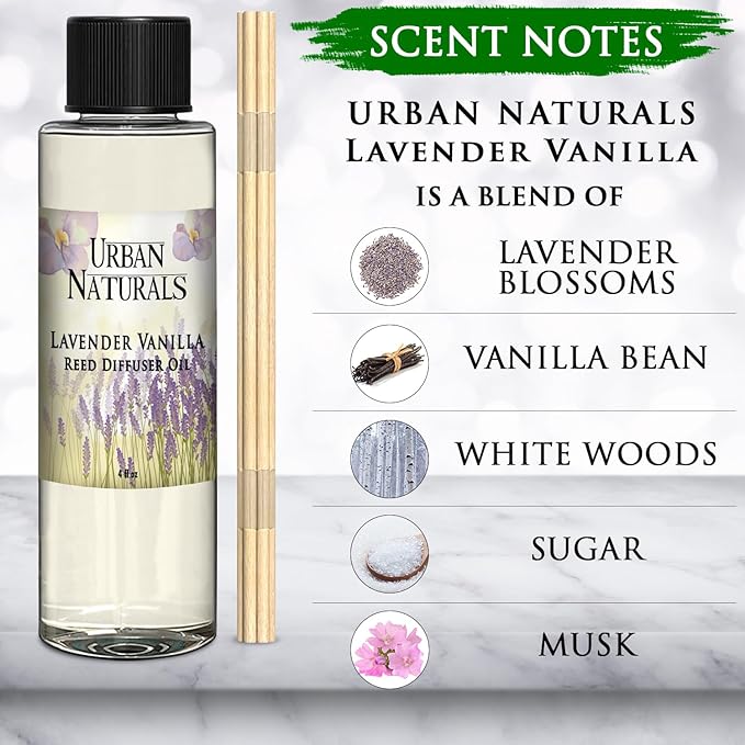 Urban Naturals Lavender Vanilla Scented Oil Reed Diffuser Refill and Reed Sticks β Lavender Blossom, Creamy Vanilla, White Woods and Sugared Musk, 4 oz (2 Pack)