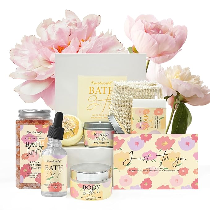 Peony Spa Gift Set for Women, Luxury 9 Pcs Bath Salts Set, Relaxation Gifts for Women, Self Care Set, Clean Moisturizing Skin, Gifts for Mom, Wife, Sister, Friend