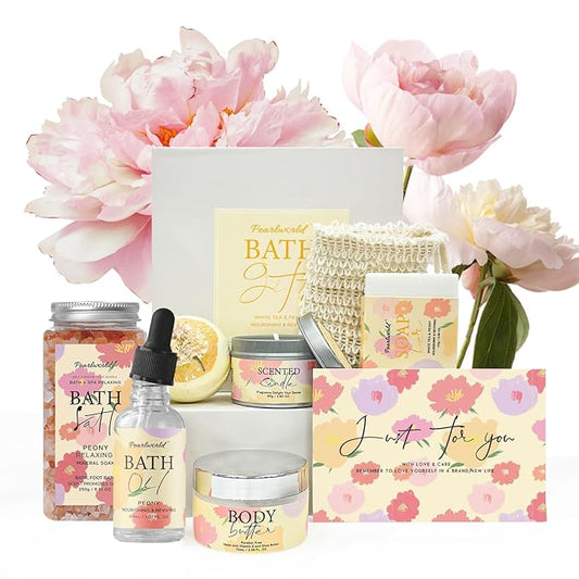 Peony Spa Gift Set for Women, Luxury 9 Pcs Bath Salts Set, Relaxation Gifts for Women, Self Care Set, Clean Moisturizing Skin, Gifts for Mom, Wife, Sister, Friend