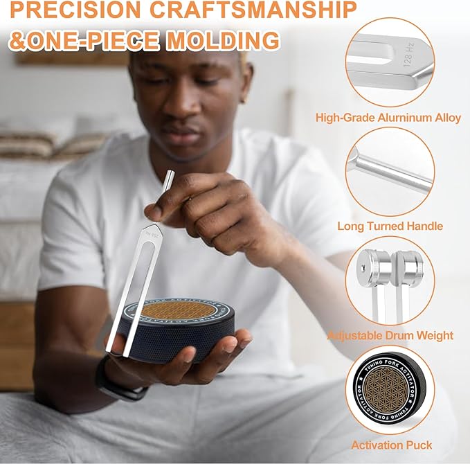 Tuning Forks for Healing Set – Includes 128Hz, 136Hz, 256Hz, 384Hz, & Activator, Bamboo Base, Rubber Hammer, Portable in Black Luggage – Sound Healing Instruments for Chakra, Yoga, and Meditation