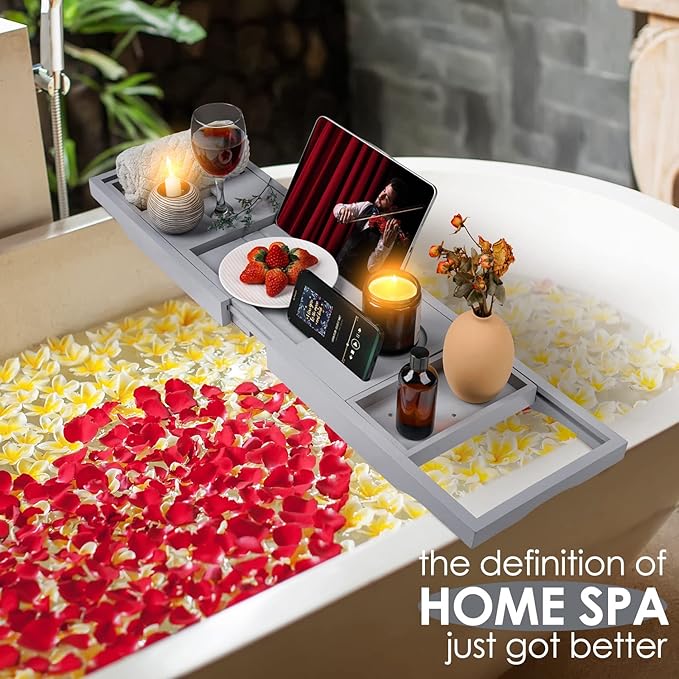 Foldable Bathtub Caddy Tray, Bamboo Bath Tub Tray Table for Tub with Wine Glass Holder Book Phone Tablet Holder with Extending Sides, Adjustable Bathroom Bathtub Free Soap Holder Gift Idea (Grey)