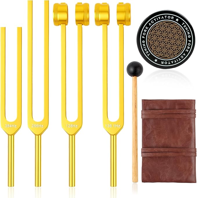 Tuning Forks for Healing Set (Gold) – Includes 128Hz, 136Hz, 256Hz, 384Hz & Activator, Portable in Red Leather Pouch – Medical Grade Sound Healing Instruments for Chakra, Yoga, and Meditation