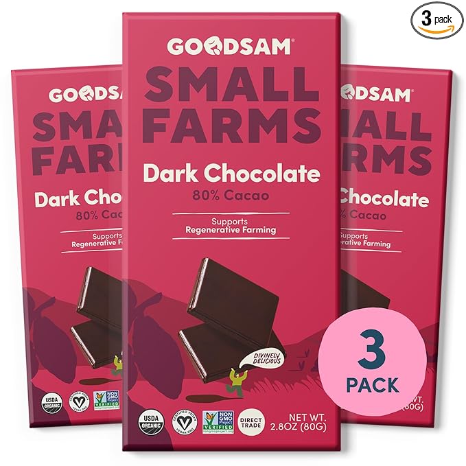 GoodSAM Organic 80% Dark Chocolate Bars (Pack of 3) - Non GMO, Vegan, Regenerative Farming, Direct Trade