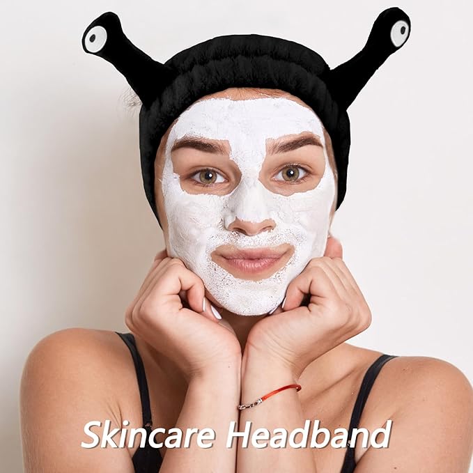 VELSCRUN Spa Headband, Makeup Face Wash Skincare Headbands, 5 Pcs Sponge Get Ready Snail Hairband Facial Wristband Hair Clip Set, Stuff for Teen Girls Women Trendy Hair Accessories Black