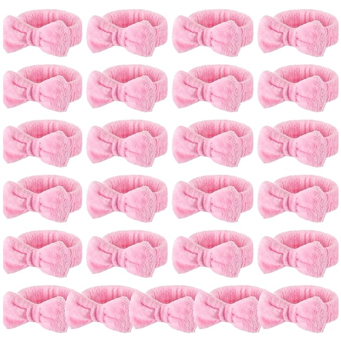 25 Pcs Pink Spa Headband Bulk Pink Makeup Headbands for Washing Face Cute Bow Hairbands Soft Coral Fleece Hairbands for Women Face Skin Care Makeup Spa Gift Shower Yoga