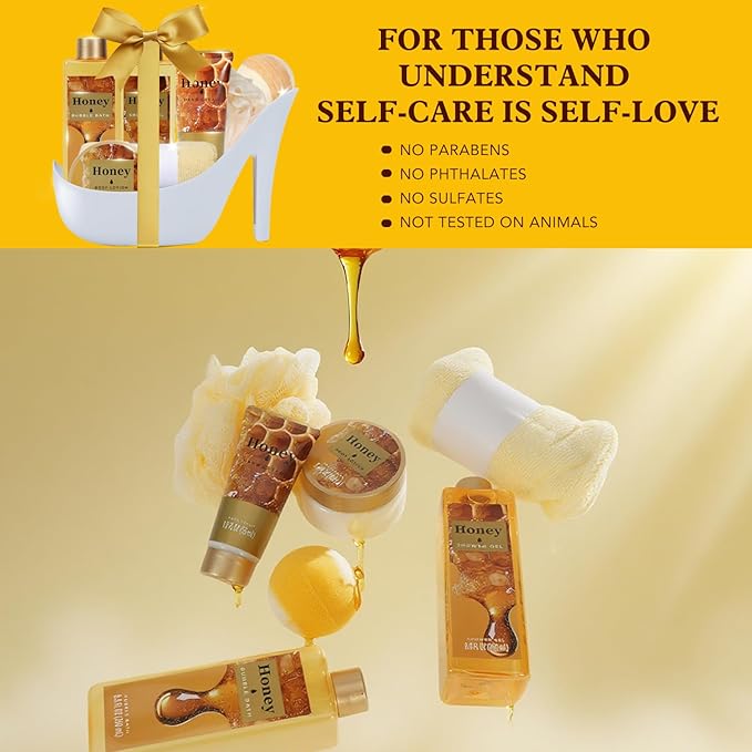 Gifts for Women, Honey Spa Gift Basket for Women, Bath Set with Golden Bath Bombs & Skin-Repairing Butter, Anniversary Gifts for Her, Wife, Girlfriend