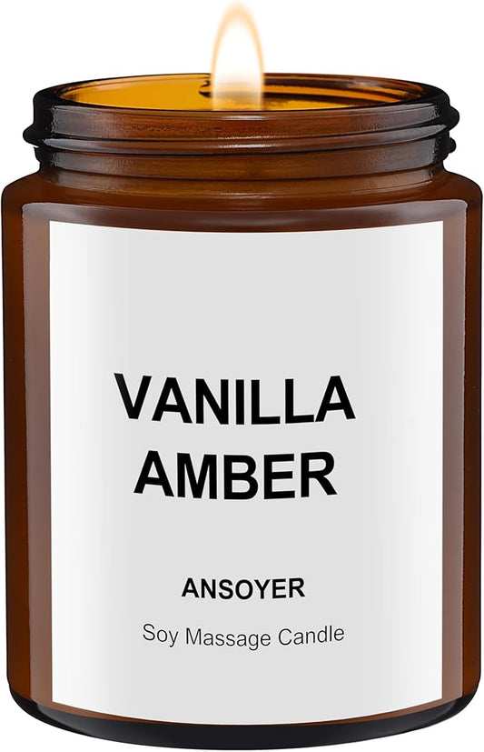 Massage Oil Candle, Romantic Gift SPA Use Home Scented Candle Body Oil, Ultra Hydrating Body Care with Soybean Oil, 4.5oz (Vanilla Amber)
