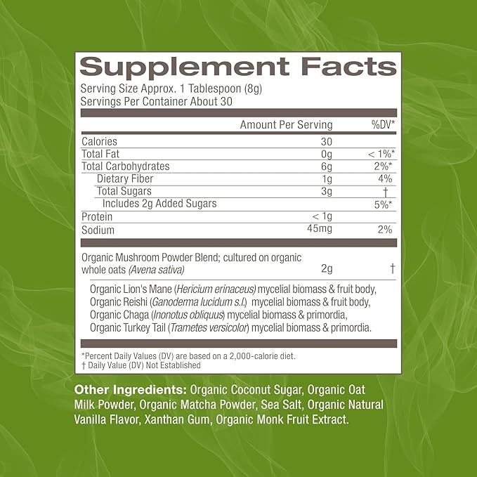 OM MUSHROOM SUPERFOOD Matcha Latte Blend Mushroom Powder, 8.47 Ounce Canister, 30 Servings, Green Tea, Lion's Mane, Reishi, Chaga, Turkey Tail, Focus & Stress Support Supplement