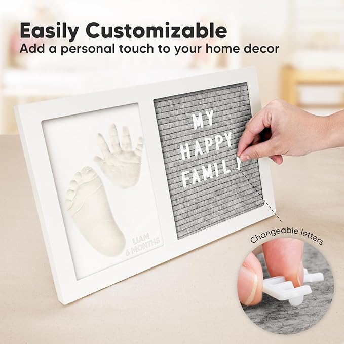 Baby Hand and Footprint Kit with Felt Letterboard - Personalized Baby Gifts for Boys Girls, Newborn Baby Footprint Kit, Dog Paw Print Kit, Baby Keepsake Frame (Alpine White)
