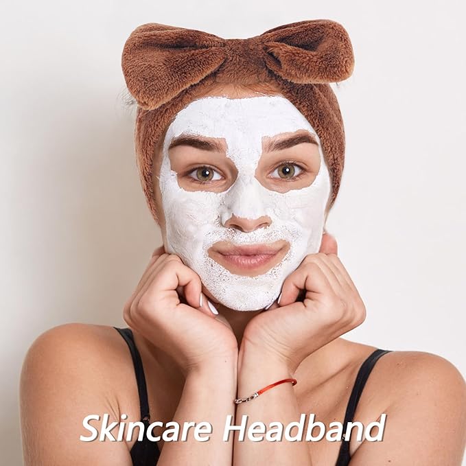 VELSCRUN Spa Headband, Makeup Face Wash Skincare Headbands, 6 Pcs Coffee Color Sponge Bow Tie Get Ready HairBand Facial Wristband Set, Stuff for Teen Girls Women Trendy Fashion Hair Accessories