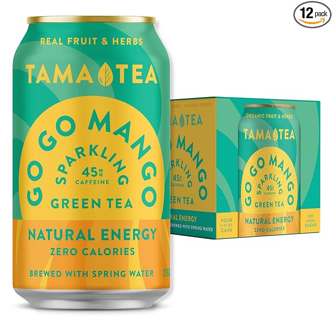 Tama Tea Sugar-Free Sparkling Green Tea, Mango – Organic & Naturally Energizing – Zero Calories, Zero Carbs, Non-GMO – Antioxidant-Rich with 45mg Natural Caffeine – 12 oz Cans (12-Pack)