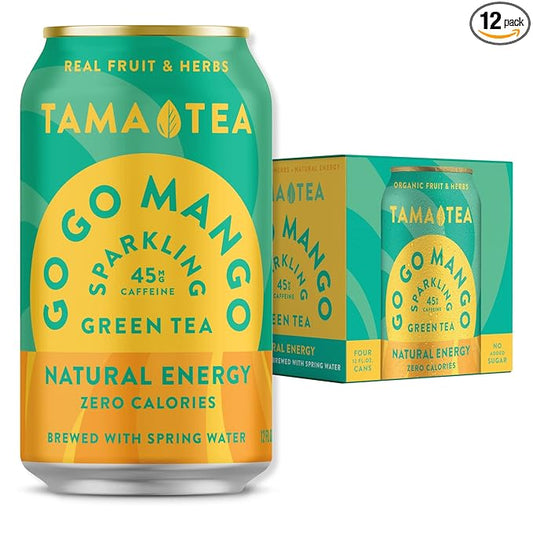 Tama Tea Sugar-Free Sparkling Green Tea, Mango – Organic & Naturally Energizing – Zero Calories, Zero Carbs, Non-GMO – Antioxidant-Rich with 45mg Natural Caffeine – 12 oz Cans (12-Pack)