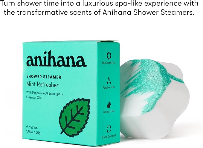ANIHANA Shower Steamers 4 Pack with Peppermint and Eucalyptus Essential Oils, Paraben Free, Cruelty Free, Mint Refresher Scent, 1.76 oz Each
