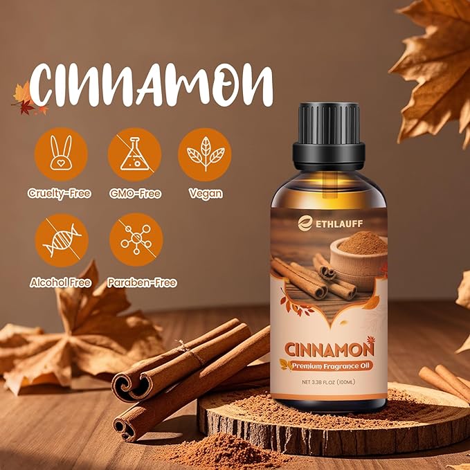 Cinnamon Essential Oil, 100ml Fall Essential Oil for Diffusers for Home, Autumn Scented Oils for Candle & Soap Making, Bath Bombs, Massage - 3.38FL.OZ