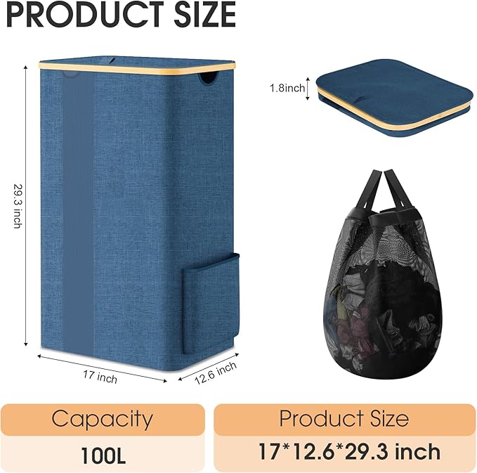 Laundry Basket Clothes Hamper with Lid and Pocket Large Collapsible Laundry Baskets with Handle, Freestanding Hampers for Bedroom Aesthetic, Dorm, Bathroom, Laundry Room (100L,Light Blue)