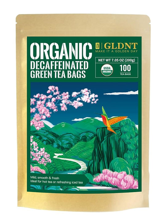 GLDNT Organic Decaf Green Tea Bags, Organic Green Tea Decaffeinated, Smooth Flavor, Super Antioxidant, Iced & Hot Tea, 100 Count
